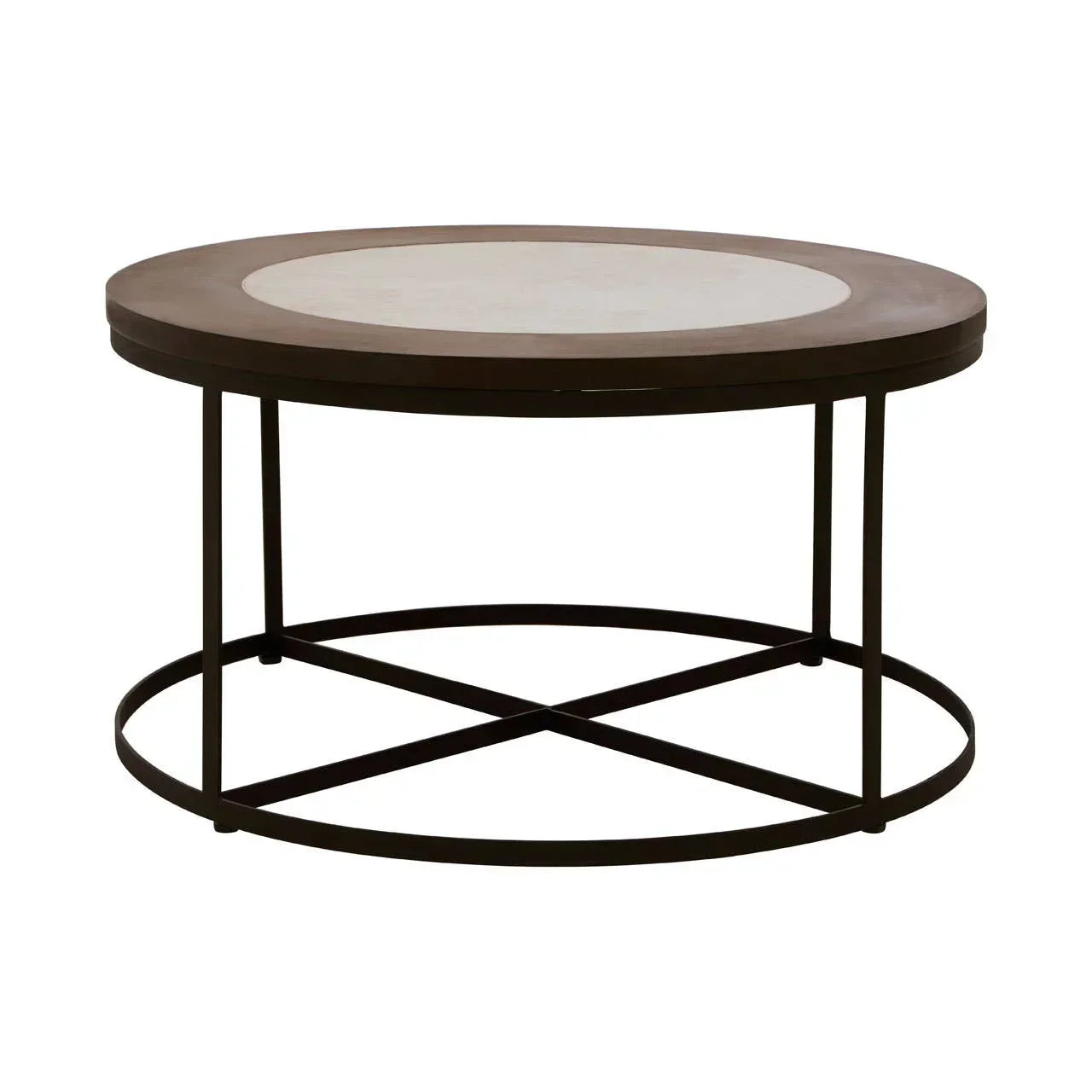 Round coffee table with dark metal frame and light wood top on white background