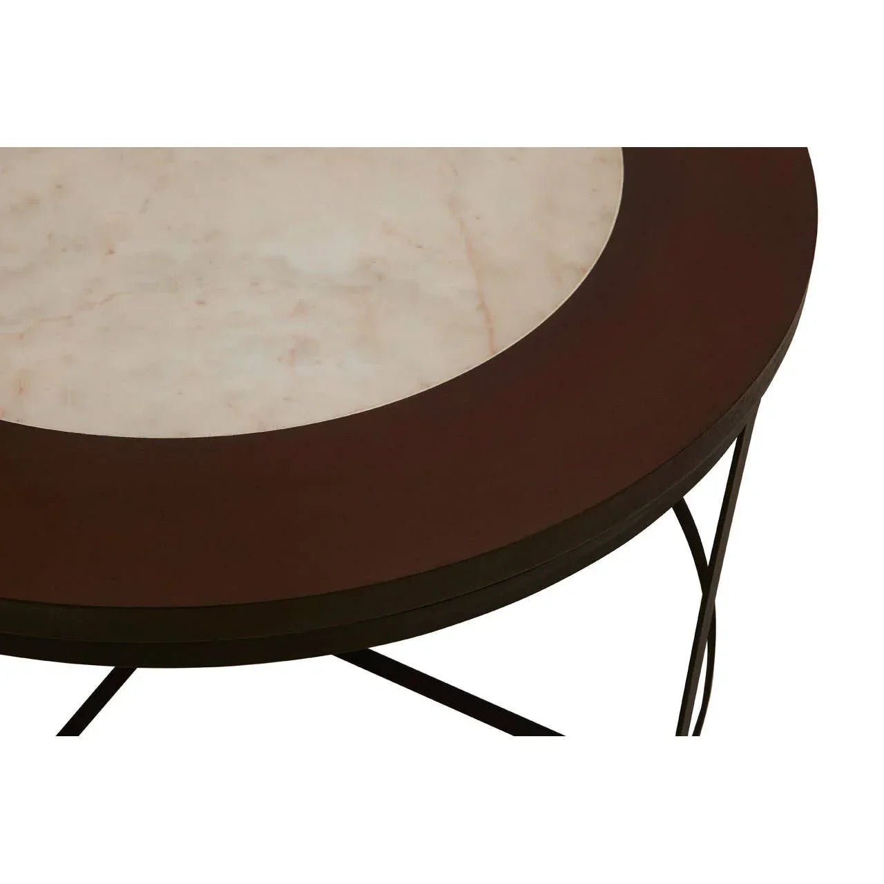 Round coffee table with marble top and brown metal border, partial side view