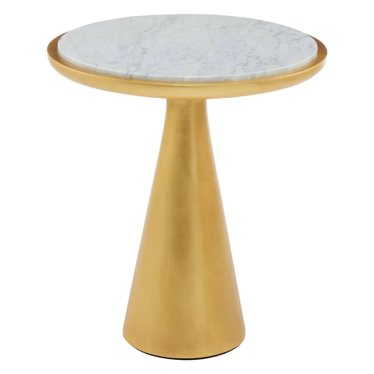 Round side table with white marble top and gold cone base