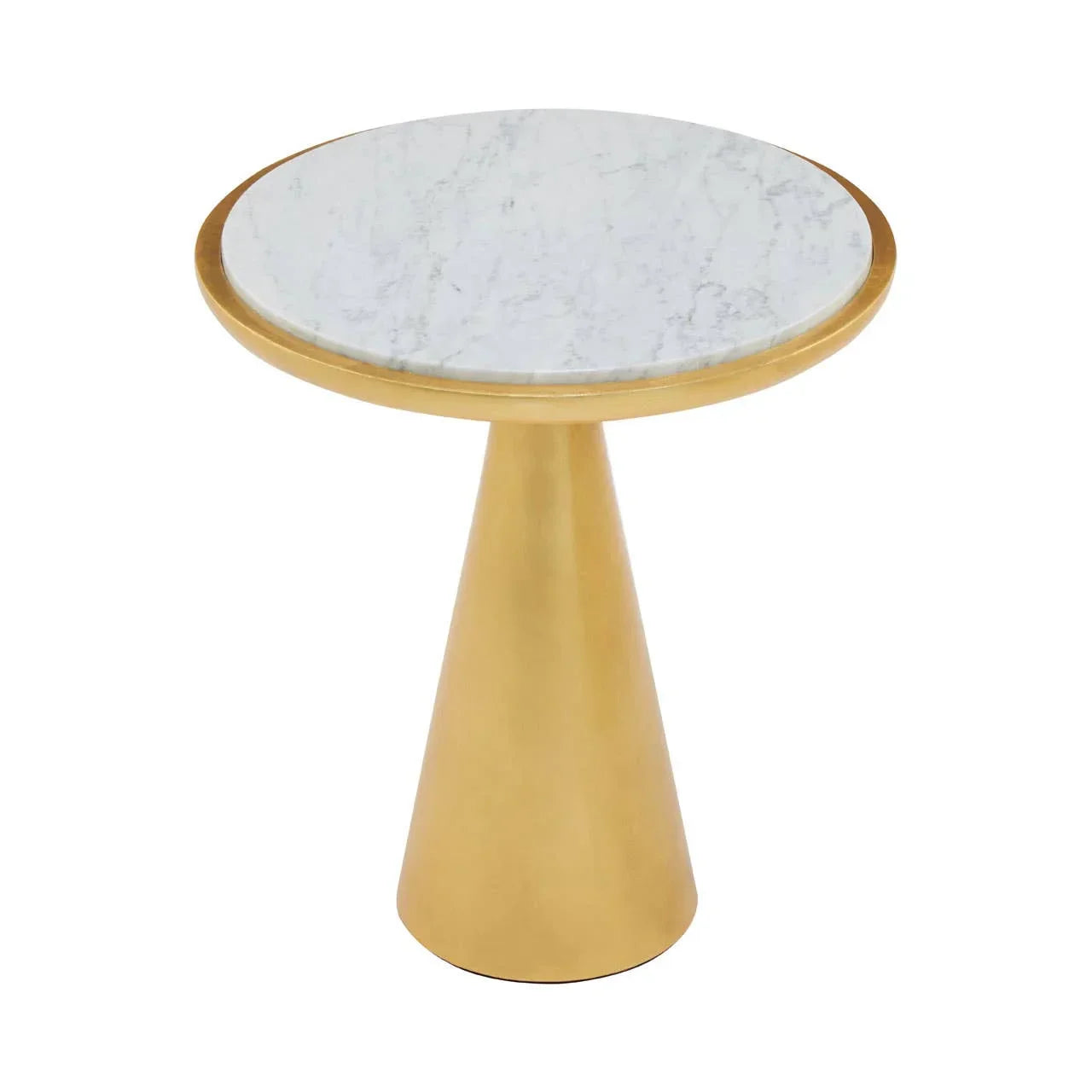 Round side table with white marble top and gold metal pedestal base