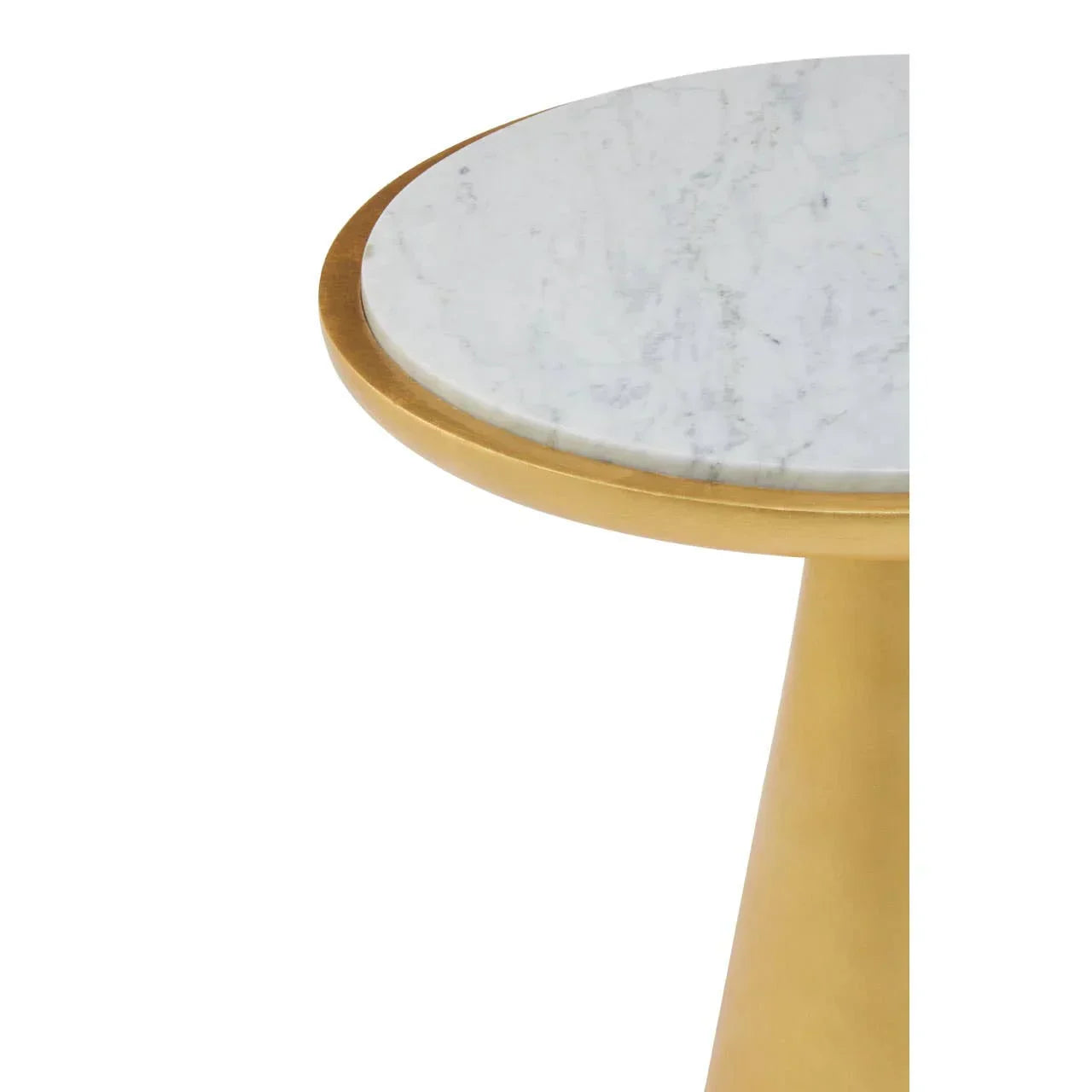 Round marble top side table with gold metal frame, close up of tabletop edge