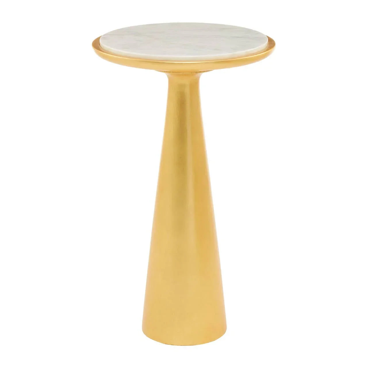 Round marble top side table with gold conical metal base