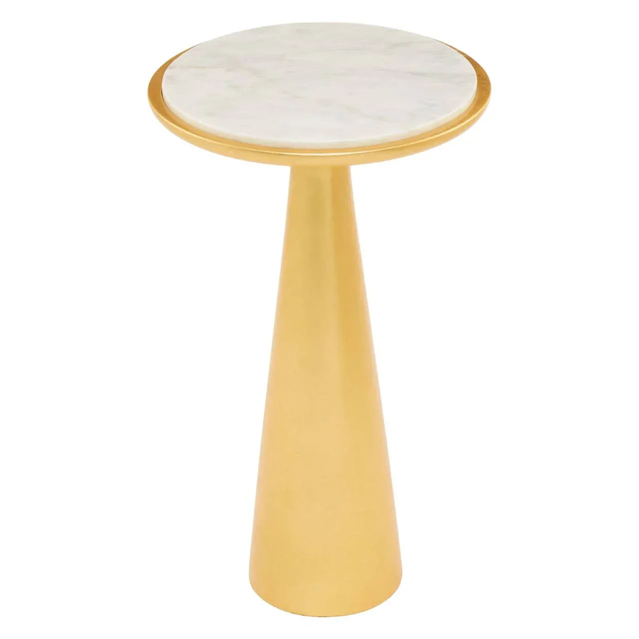 Round side table with white marble top and gold metal cone base