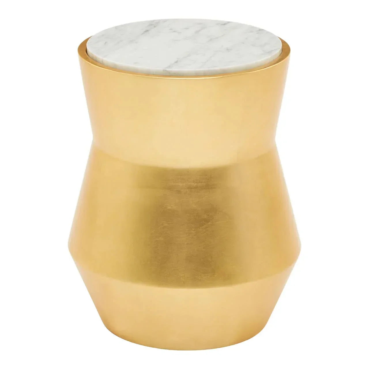Gold side table with marble top and geometric metal base