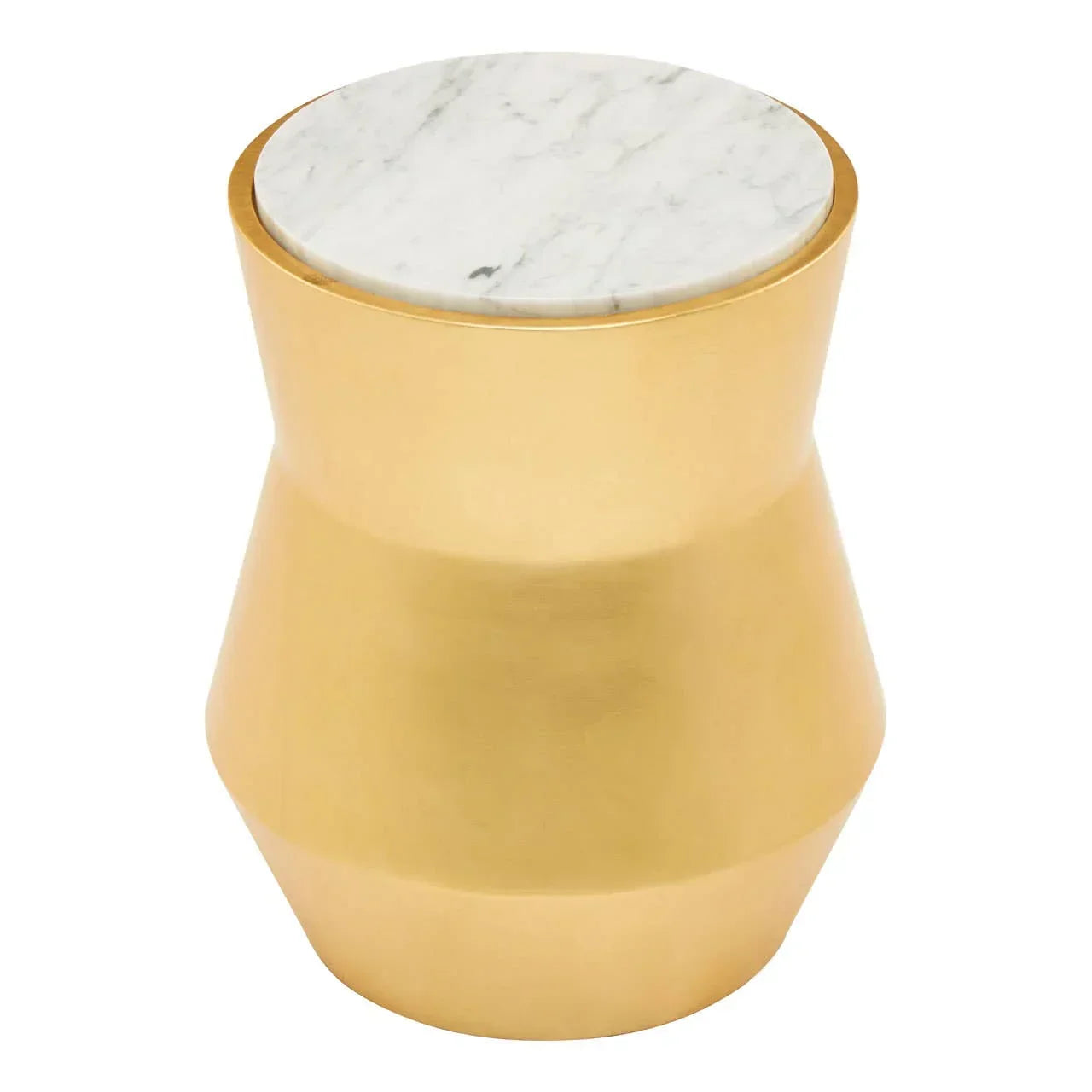 Gold metal side table with round white marble top, modern minimalist design