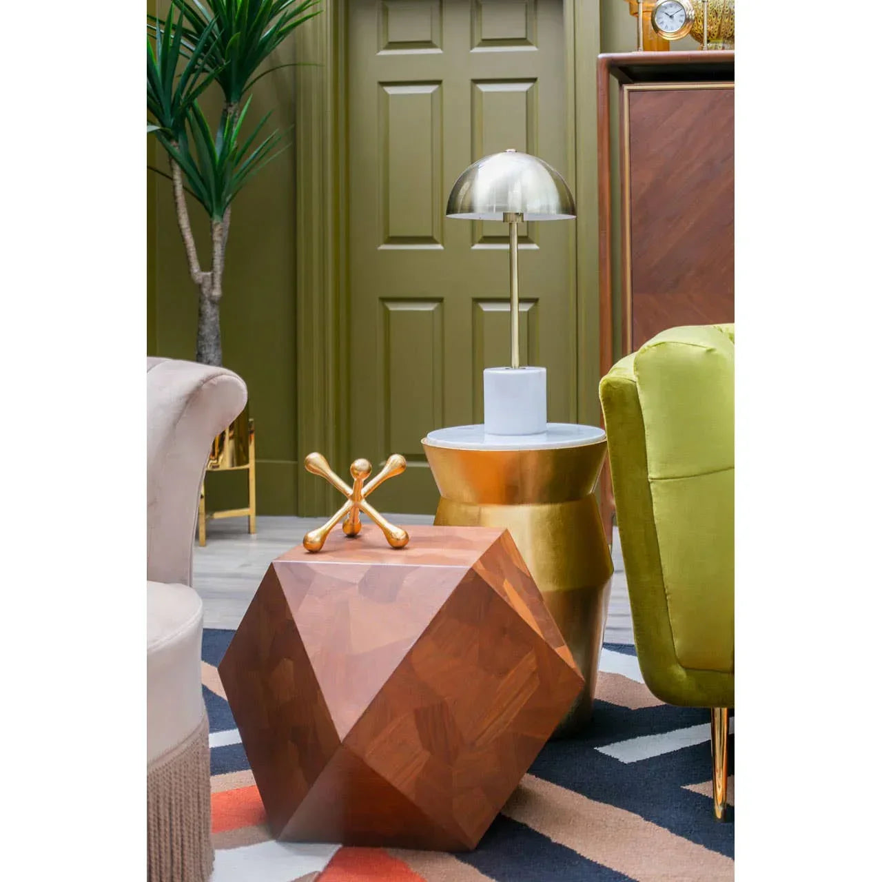 Geometric wooden side table with gold accent decor in modern living room setting