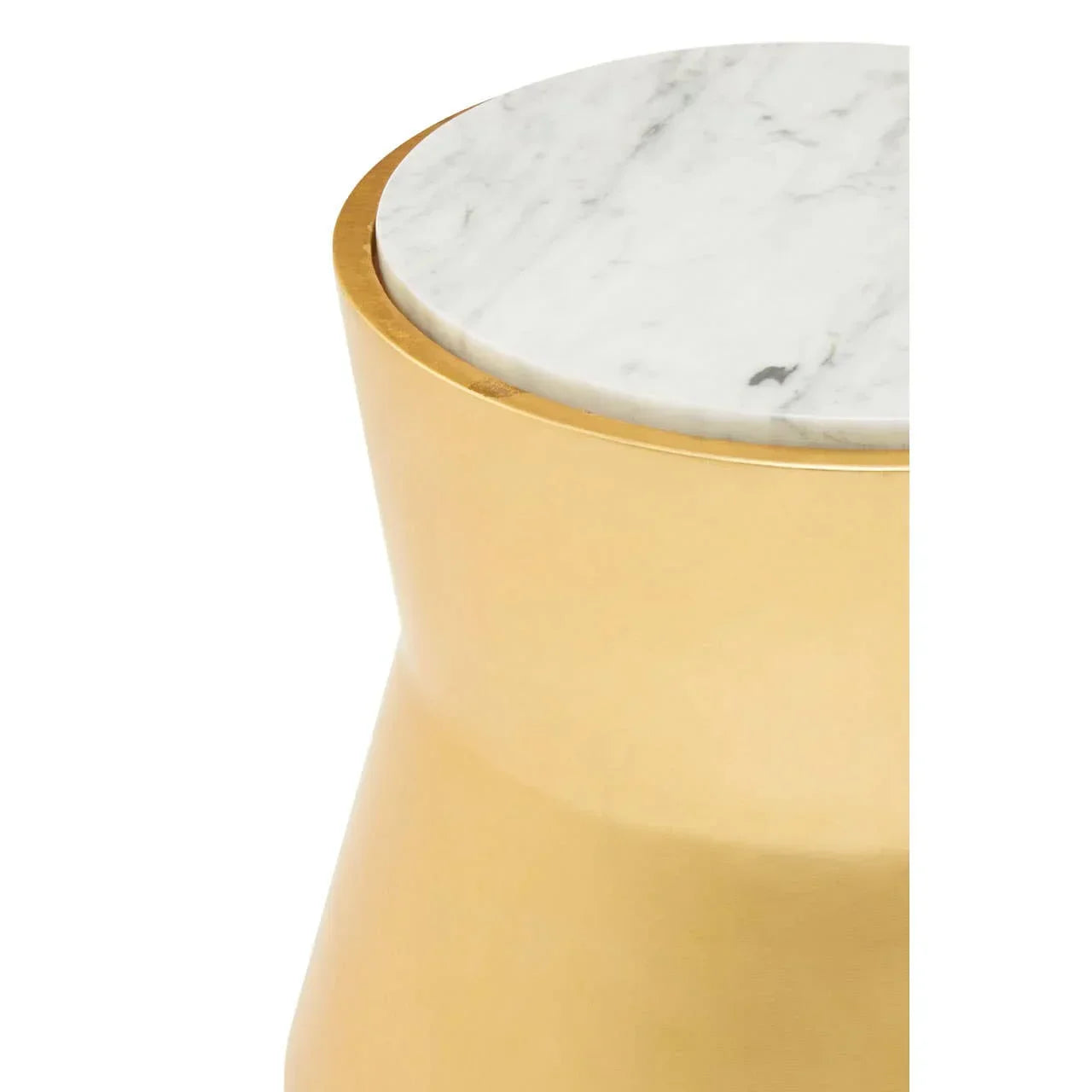 Round marble top side table with gold metal base, close-up of tabletop and edge