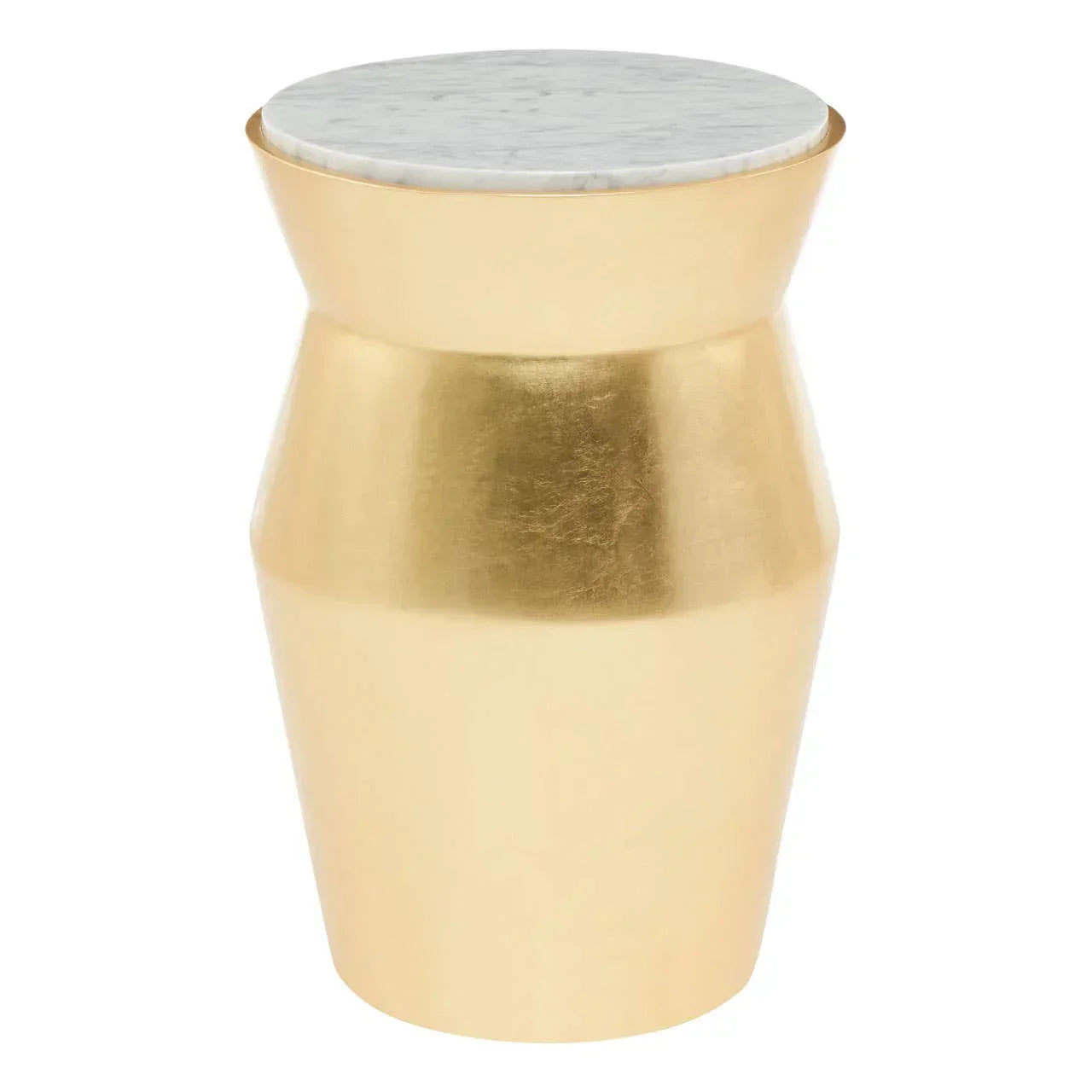 Gold side table with white marble top and modern cylindrical shape