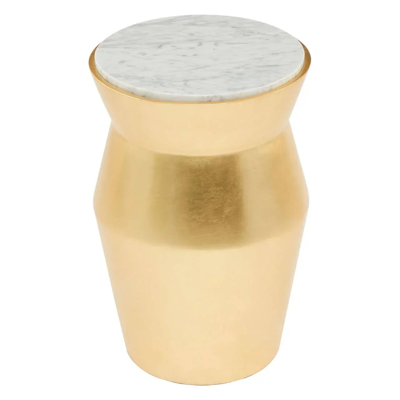 Gold metal side table with round white marble top on white background