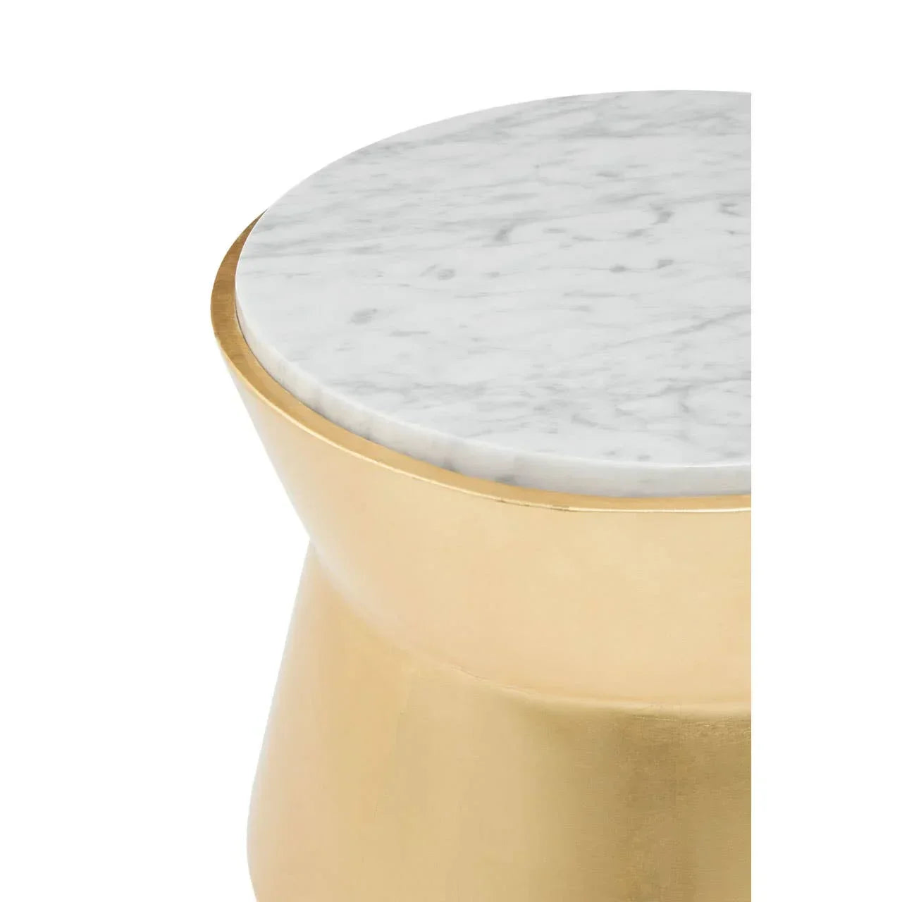 Round marble top side table with gold metal base close view