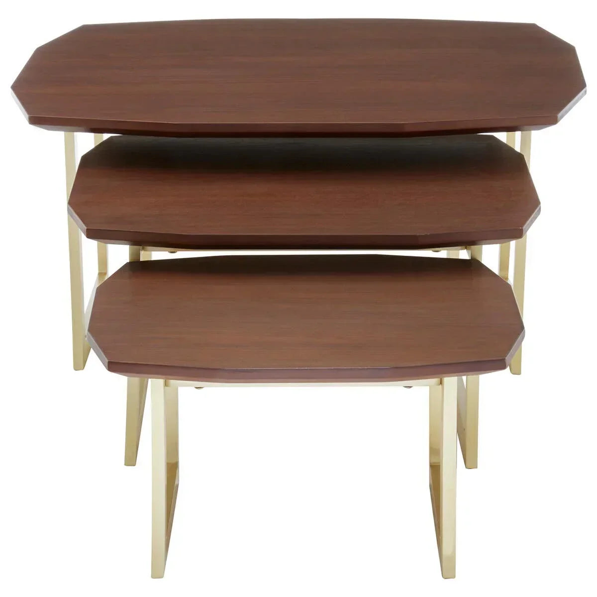 Set of three wooden nesting tables with gold metal legs, stacked front view