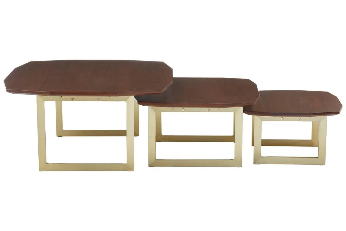 Set of three nesting coffee tables with brown wooden tops and gold metal frames