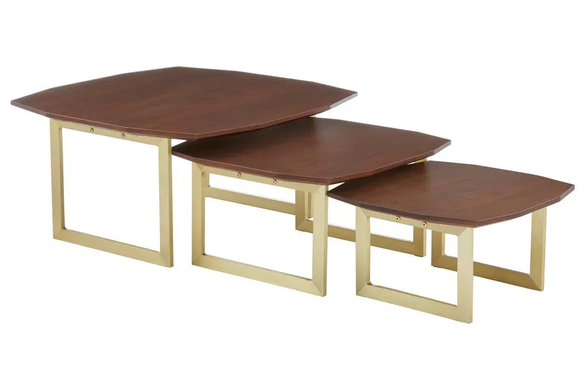 Set of three wooden nesting coffee tables with gold metal legs, stacked together