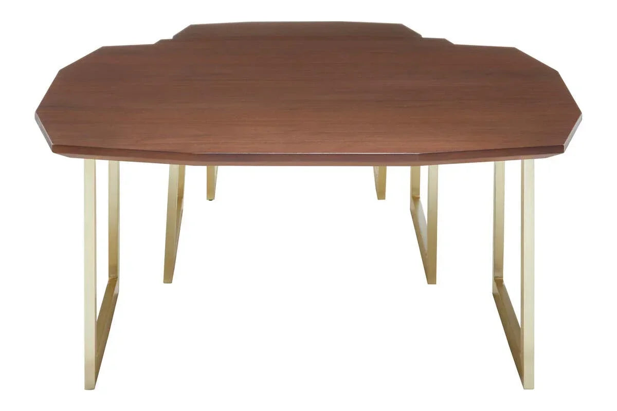 Rectangular wood dining table with gold metal legs, geometric edges, front view