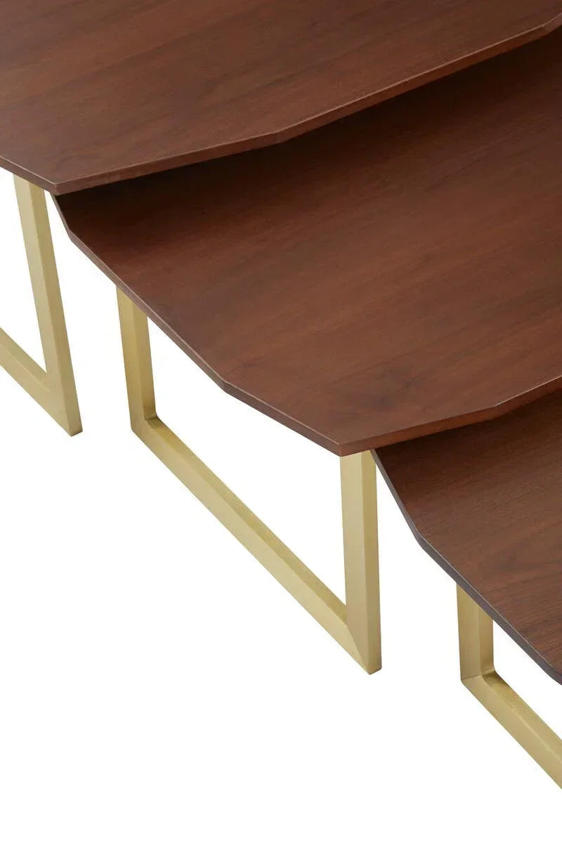 Set of brown wood nesting tables with gold metal legs, geometric edges visible