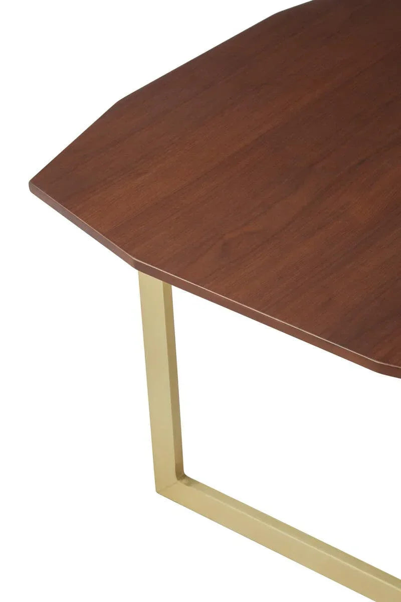 Walnut wood coffee table with brass metal leg, close-up of tabletop and frame