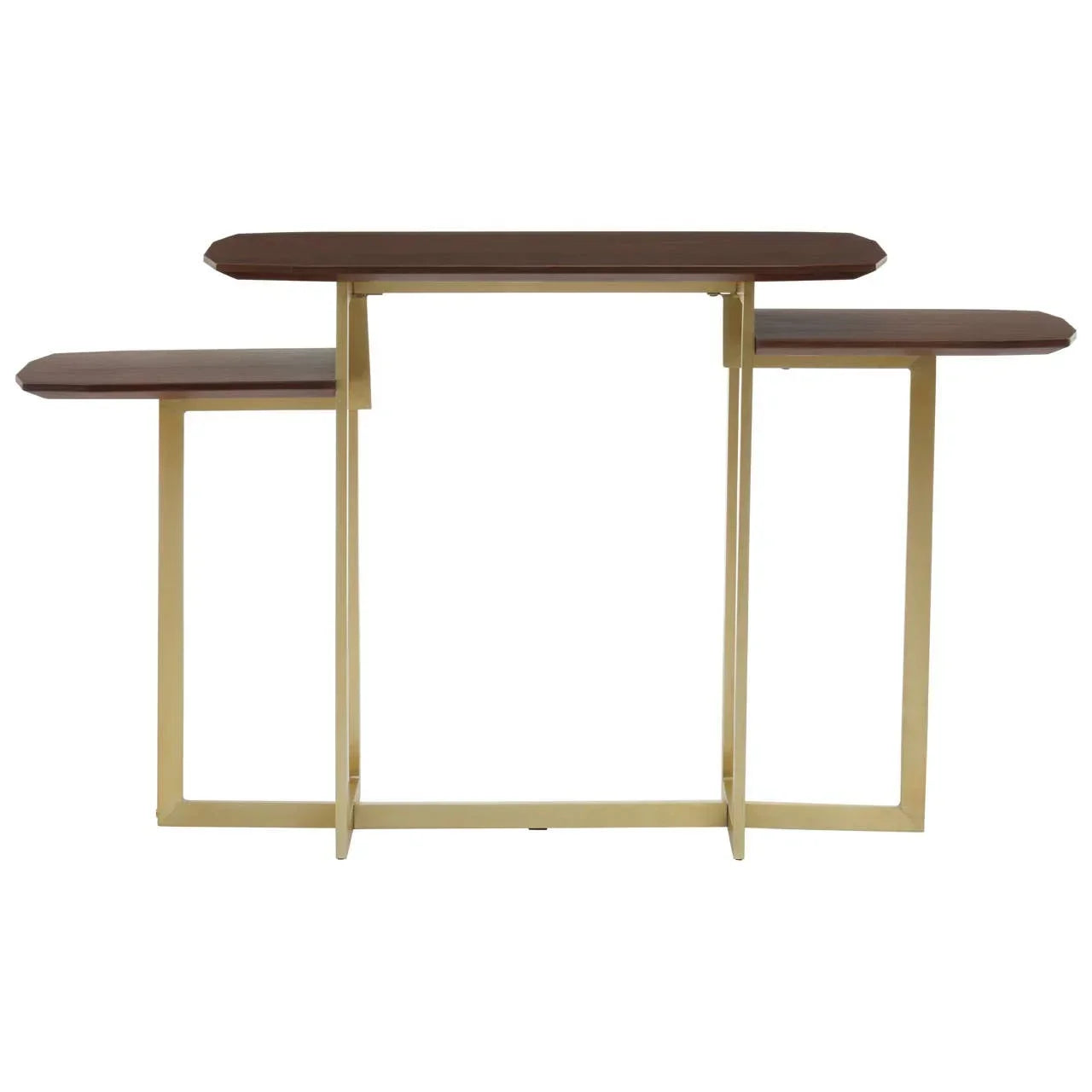 Rectangular nested console table set with brown wooden tops and gold metal legs