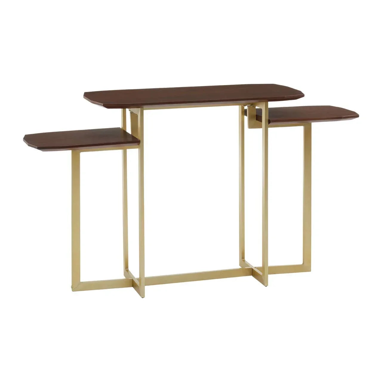Modern console table with gold metal frame and three dark wood shelves