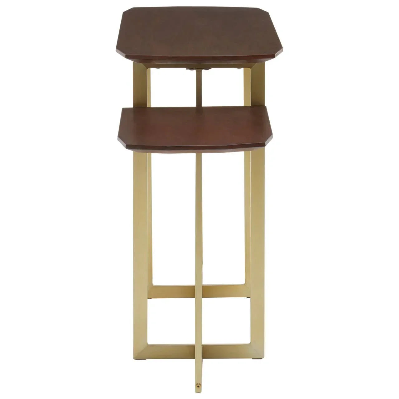 Set of two nesting side tables with brown wood tops and gold metal frames, front view