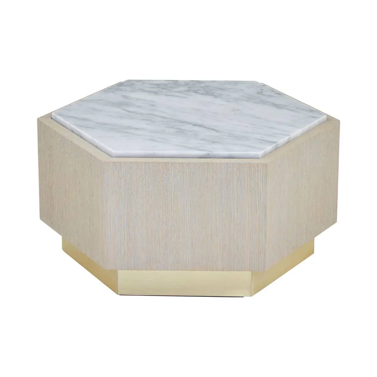Hexagonal marble coffee table with light wood base and gold trim