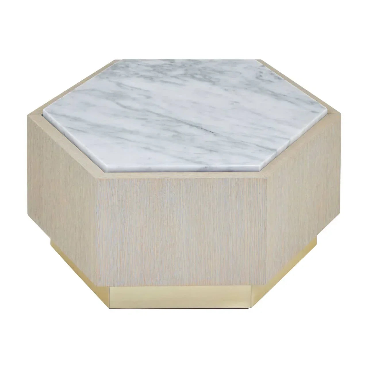 Hexagonal marble coffee table with light wood base and gold trim