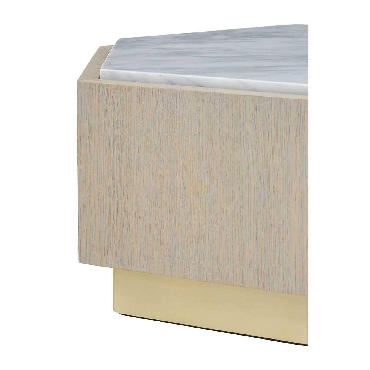 Corner view of wood sideboard with marble top and brass base