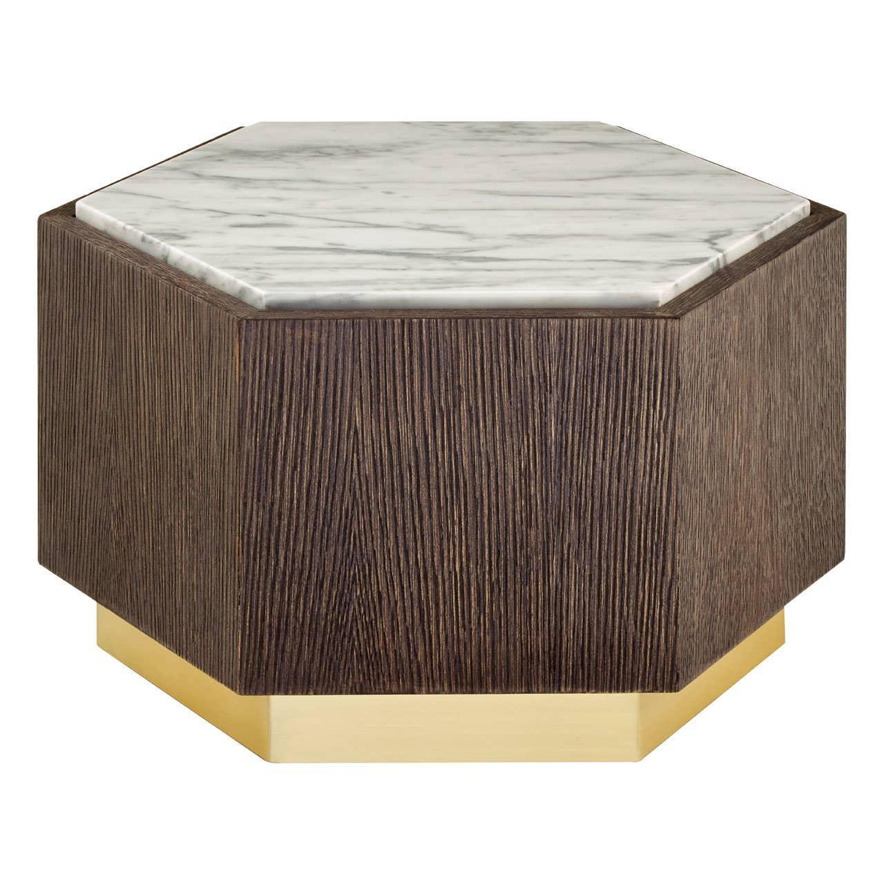 Hexagonal coffee table with white marble top, dark wood base and gold accent