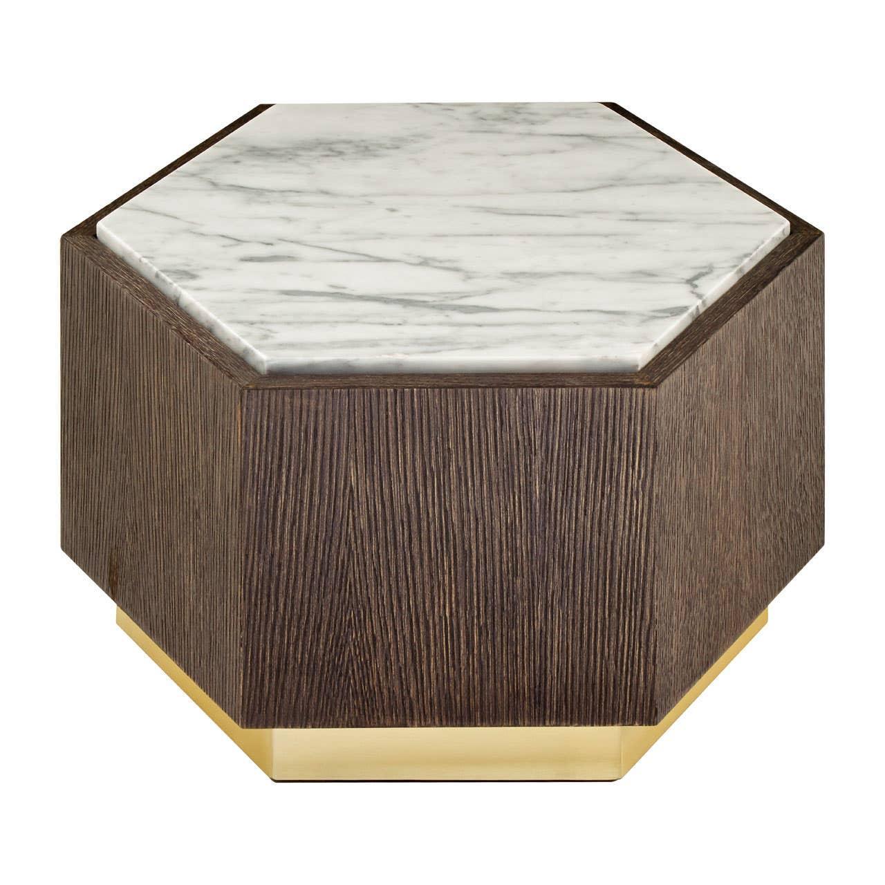 Hexagonal coffee table with white marble top, dark wood sides, and gold metal base