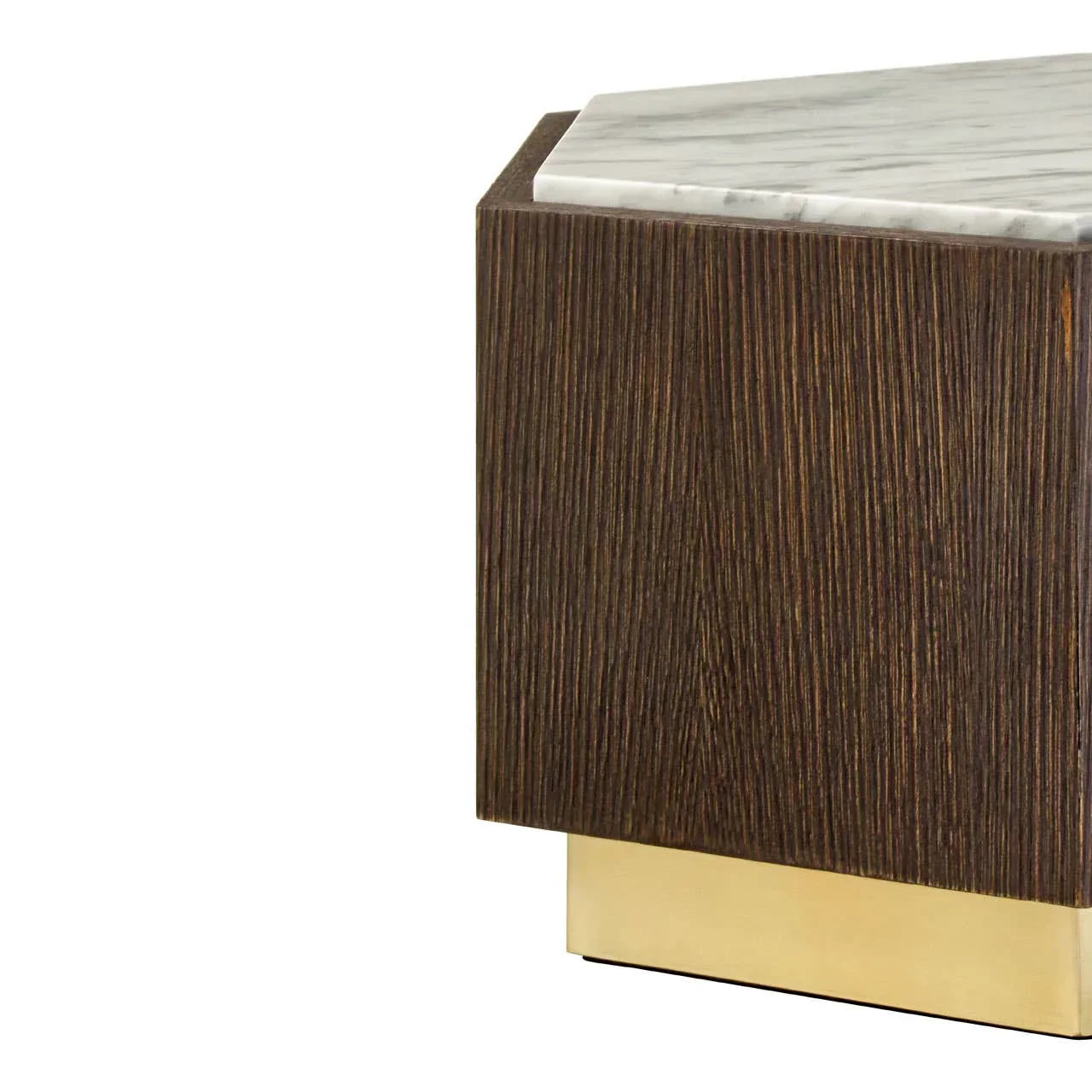 Dark wood side table with white marble top and gold base, corner detail view