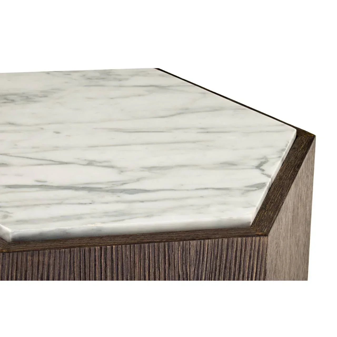 Hexagonal marble coffee table top with wood base closeup