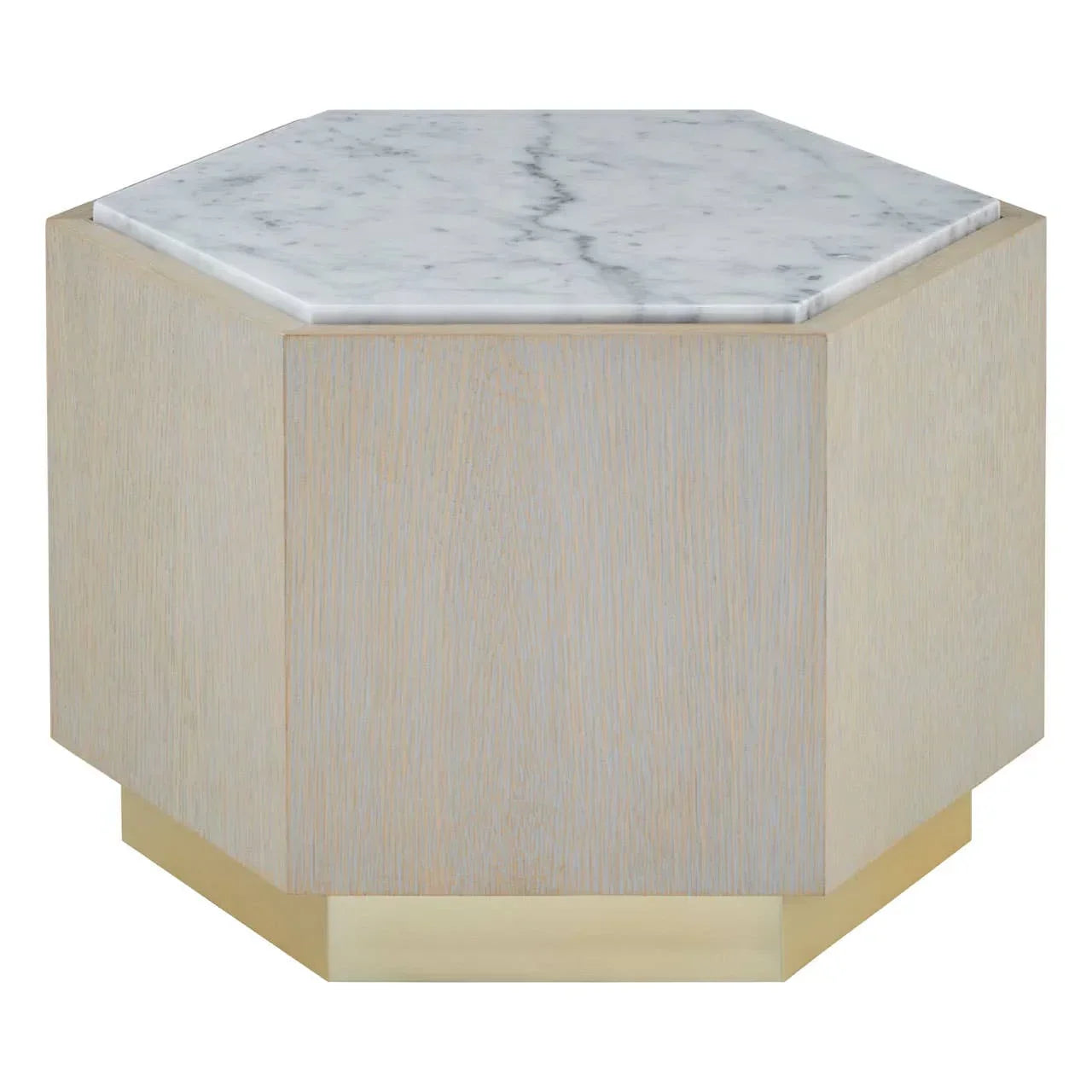 Hexagonal marble top side table with light wood base and gold trim