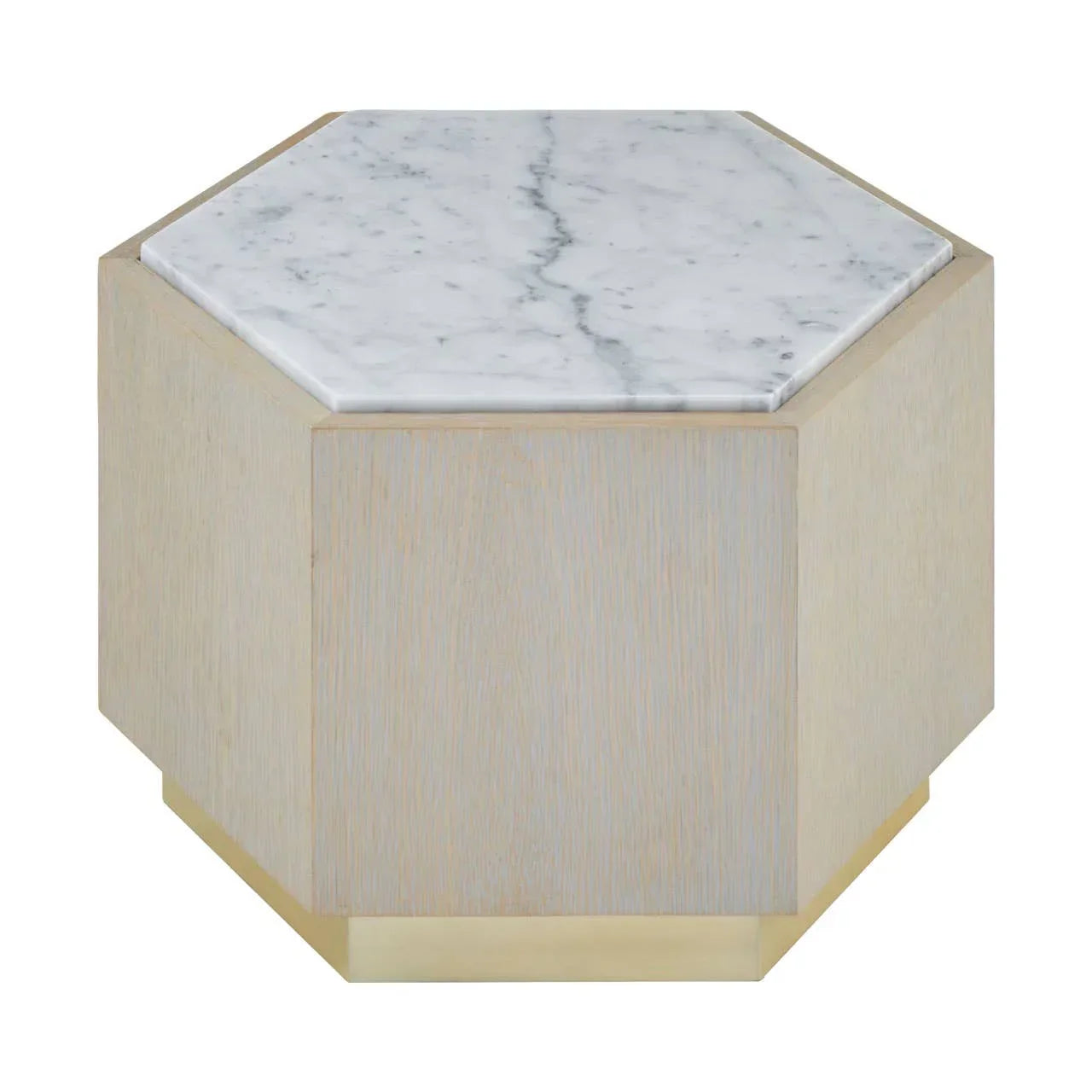 Hexagonal marble top coffee table with light wood base and gold trim