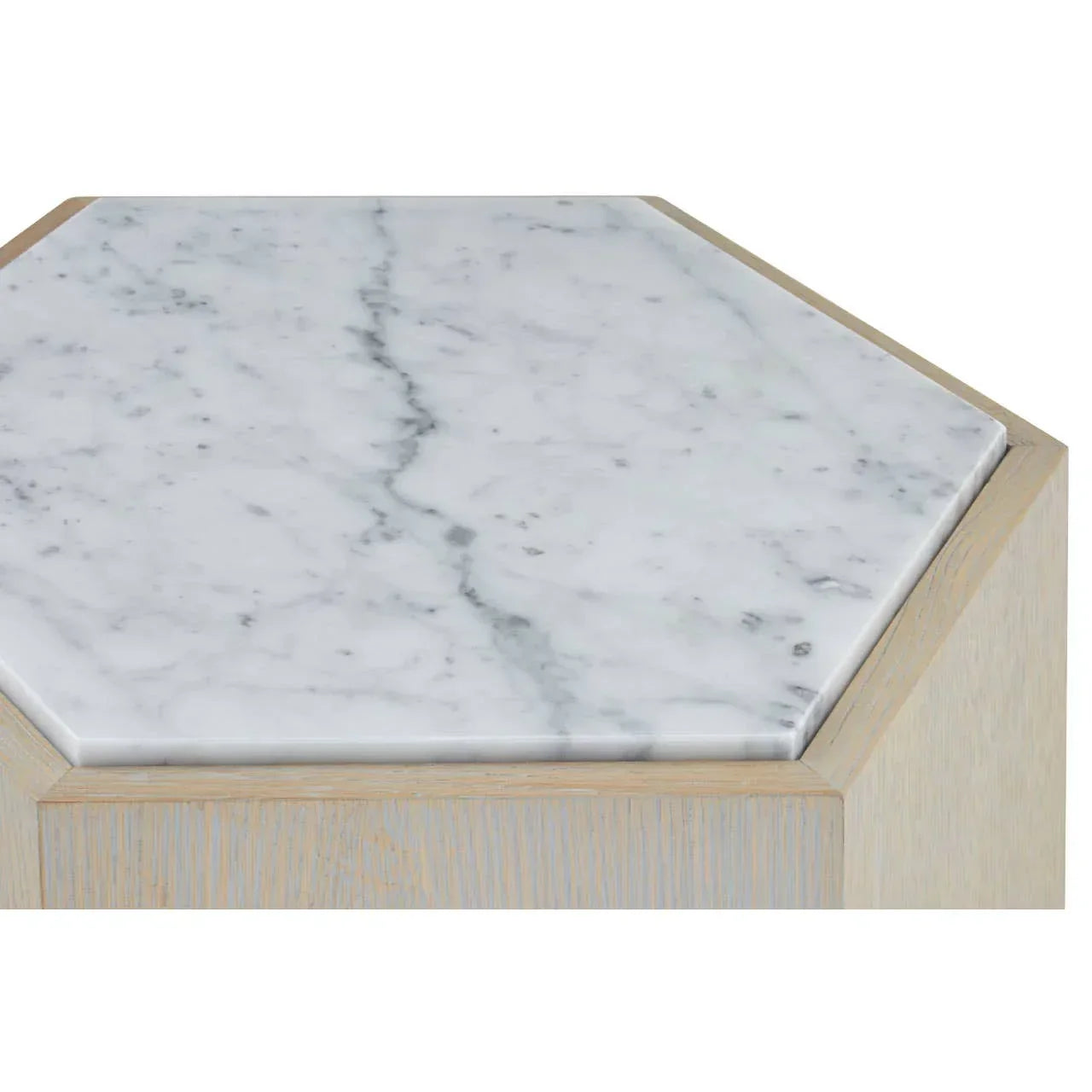 Hexagonal marble coffee table top with light wood frame detail