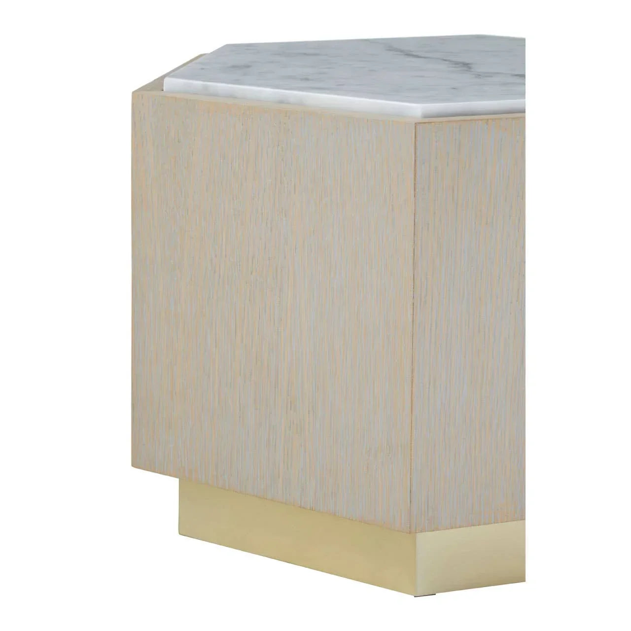 Wooden side table with white marble top and gold base, close-up on corner detail
