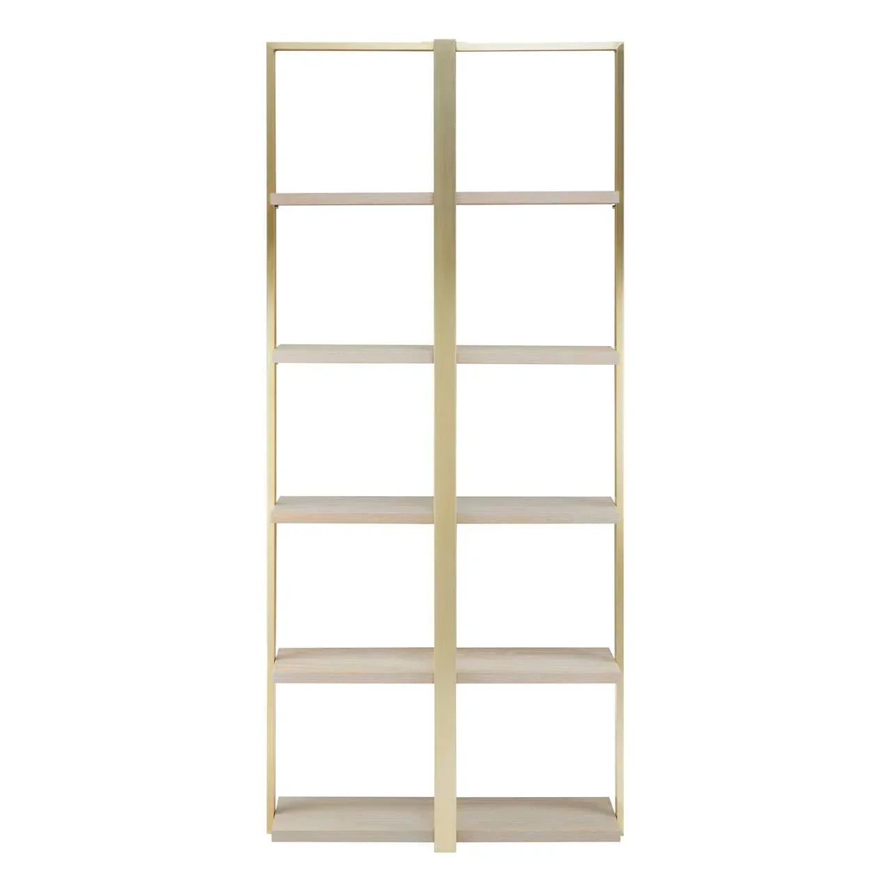 Gold metal and wood bookcase with five open shelves, front view