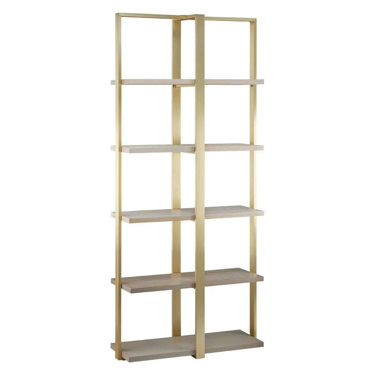 Modern gold metal frame bookshelf with light wood shelves, open back design