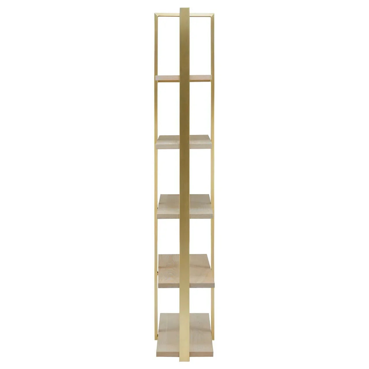Tall shelving unit with gold metal frame and light wood shelves, side view