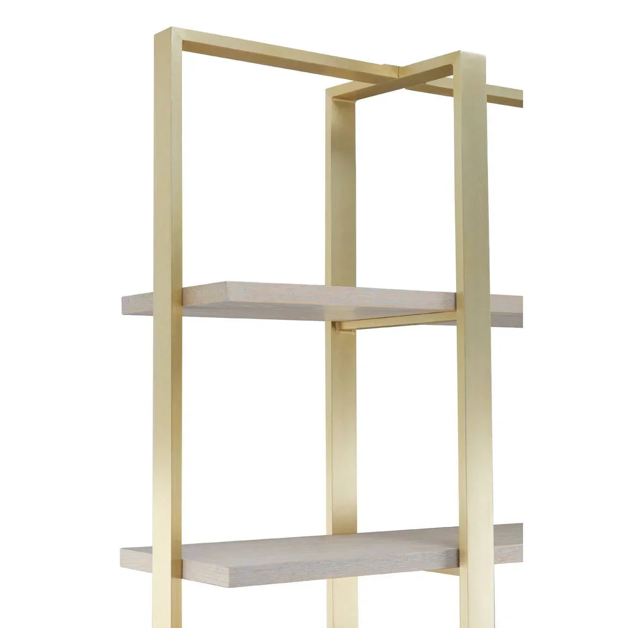 Gold metal frame shelving unit with light wood shelves, modern open design side view