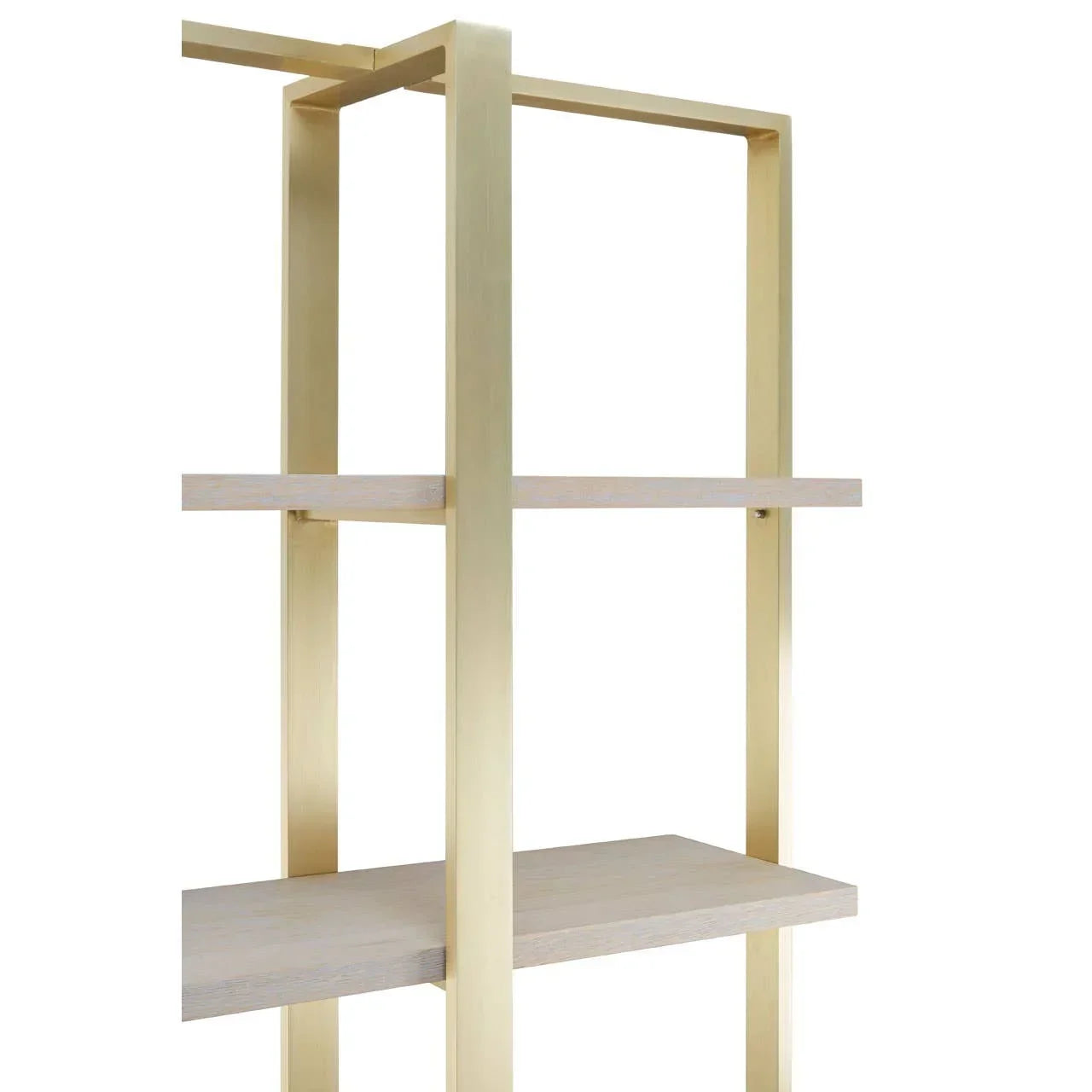 Gold metal and wood shelving unit with two light wooden shelves, side view