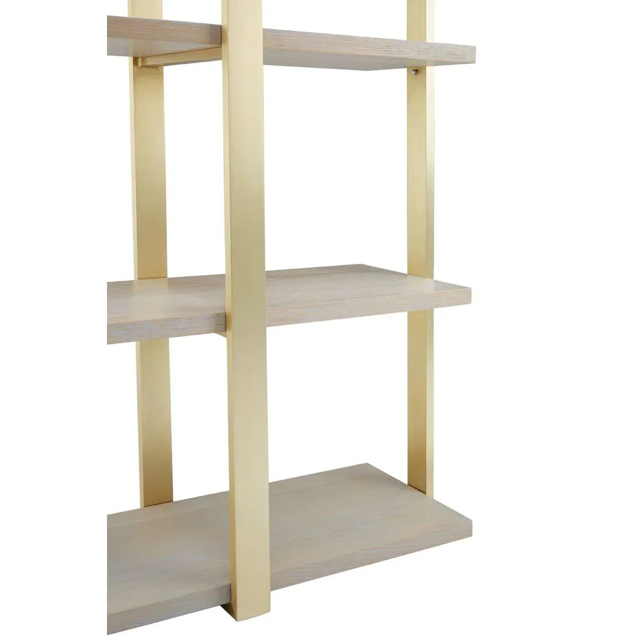 Modern shelving unit with gold metal frame and light wood shelves, close side view