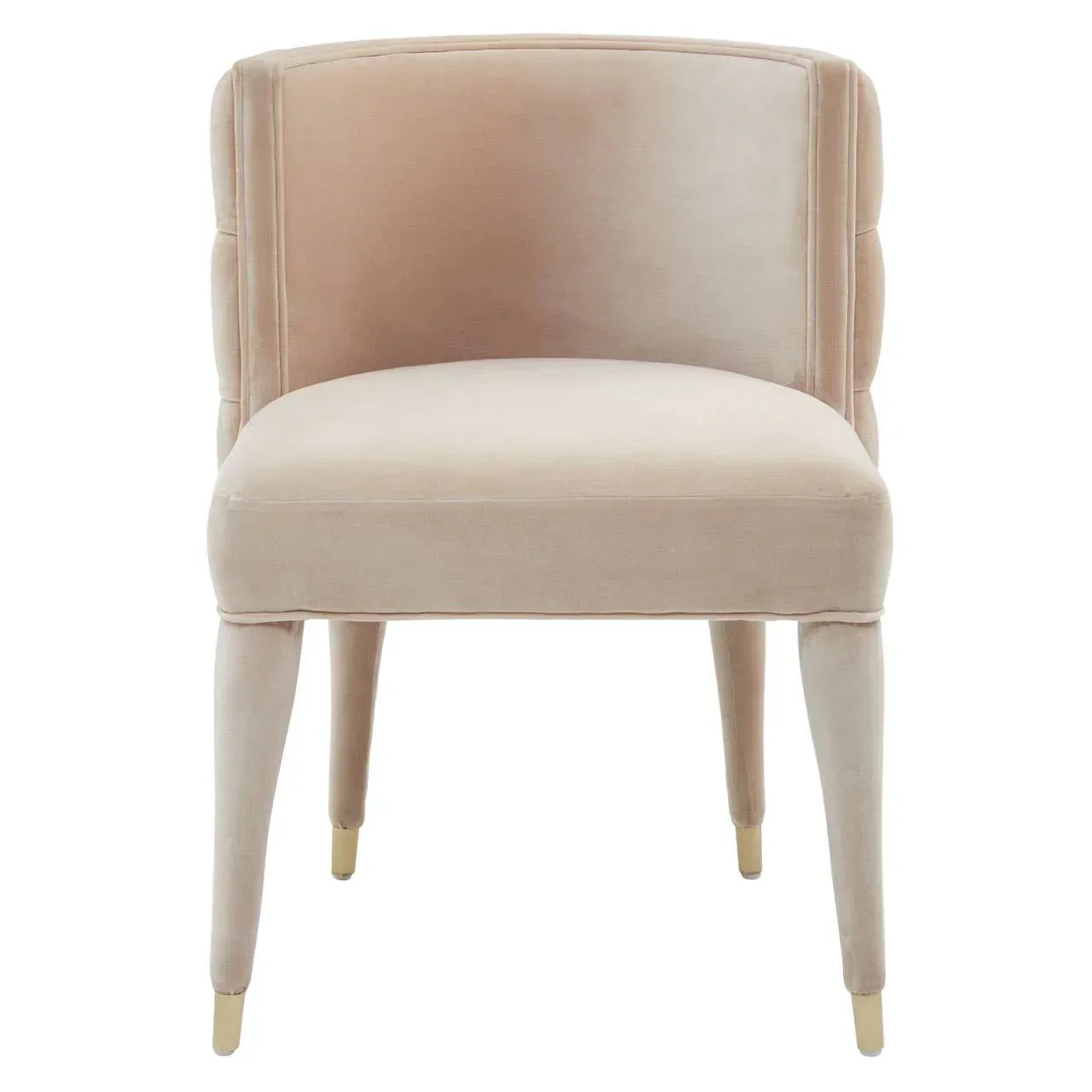 Beige velvet accent chair with curved backrest and gold-tipped legs, front view