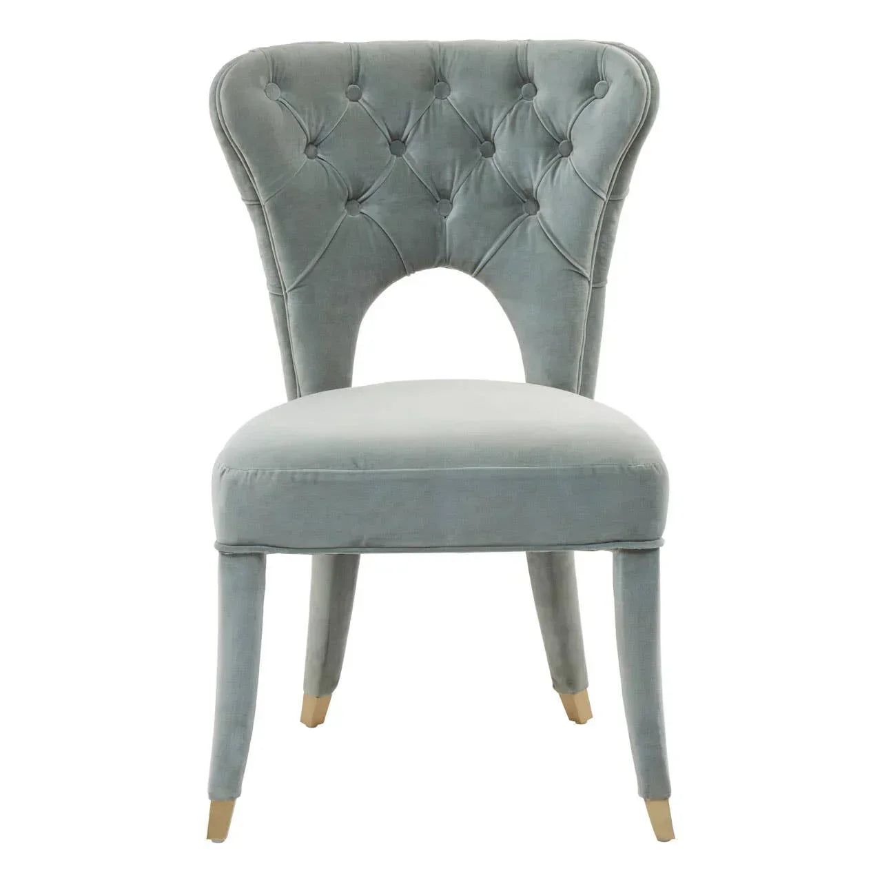 Light grey velvet dining chair with tufted backrest and gold-tipped legs, front view