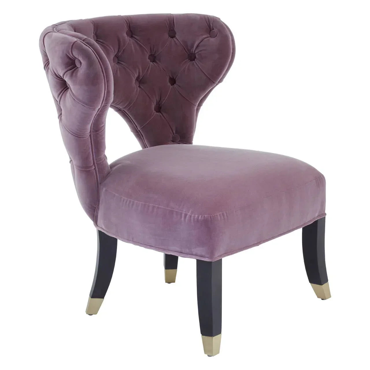 Plum velvet accent chair with button-tufted backrest and black legs with brass feet detail