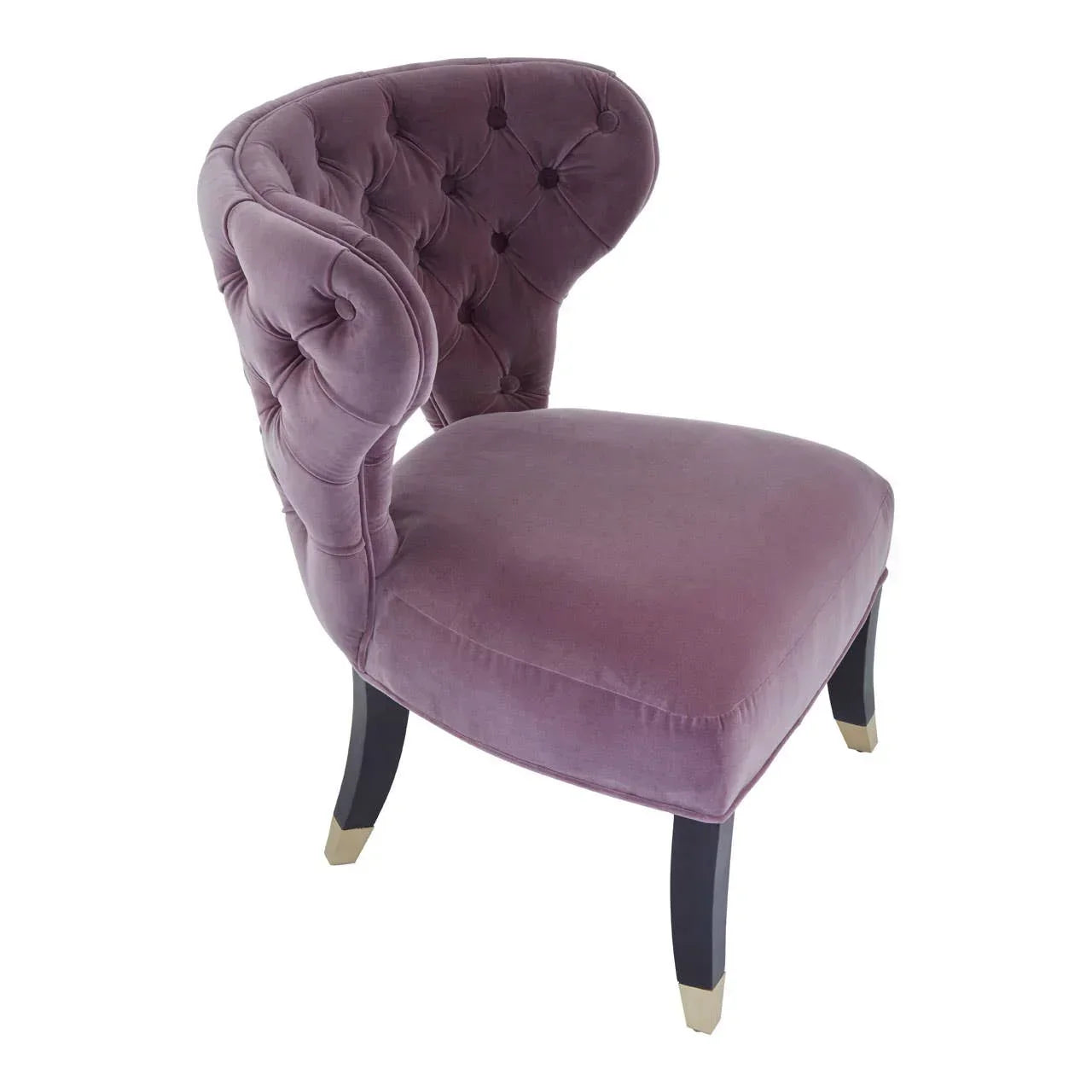 Plum velvet accent chair with tufted backrest and black legs with gold tips