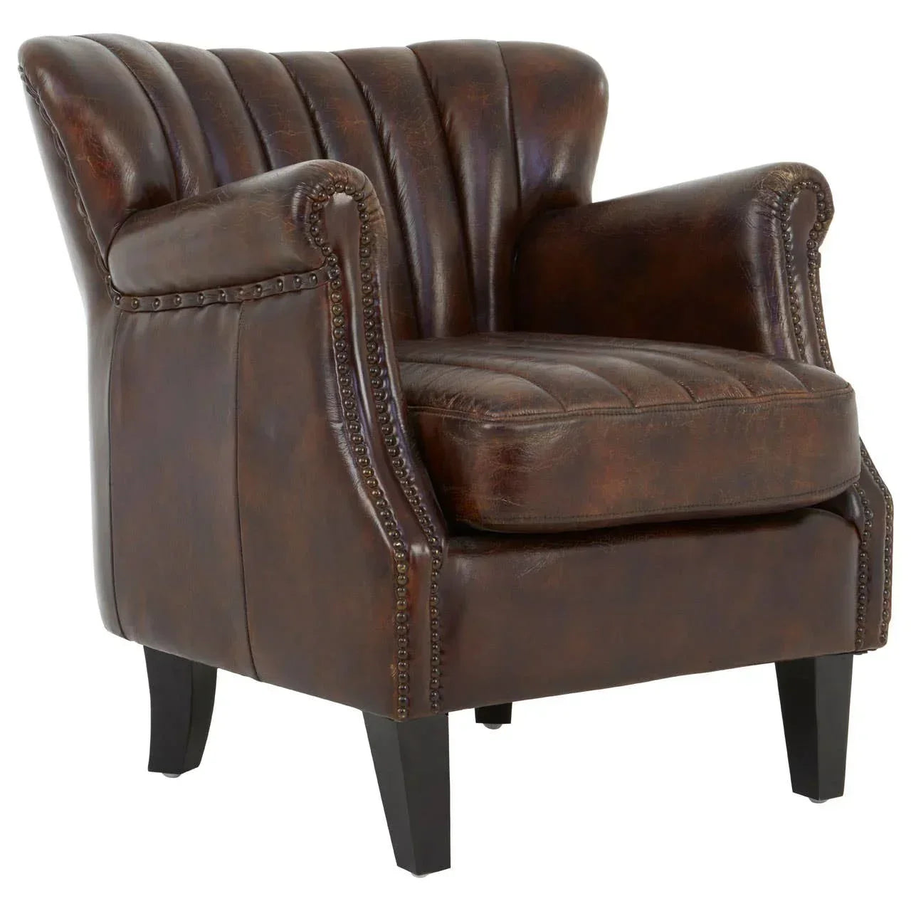 Brown leather armchair with studded arms and channel-tufted backrest, front view
