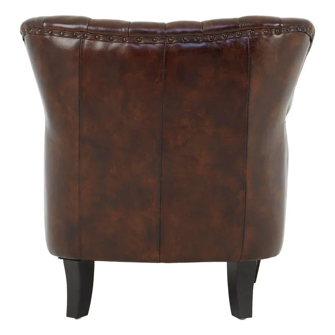 Back view of brown leather armchair with dark wooden legs and studded trim detail