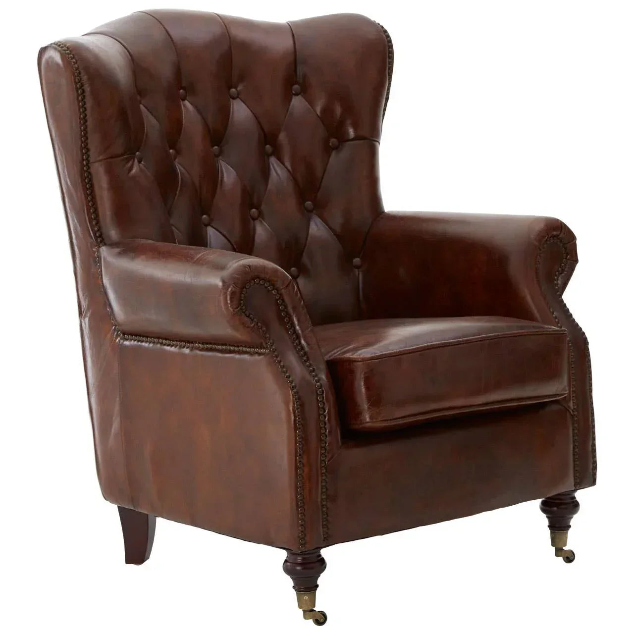 Brown leather armchair with tufted back, rolled arms, studded trim and wooden legs on castors
