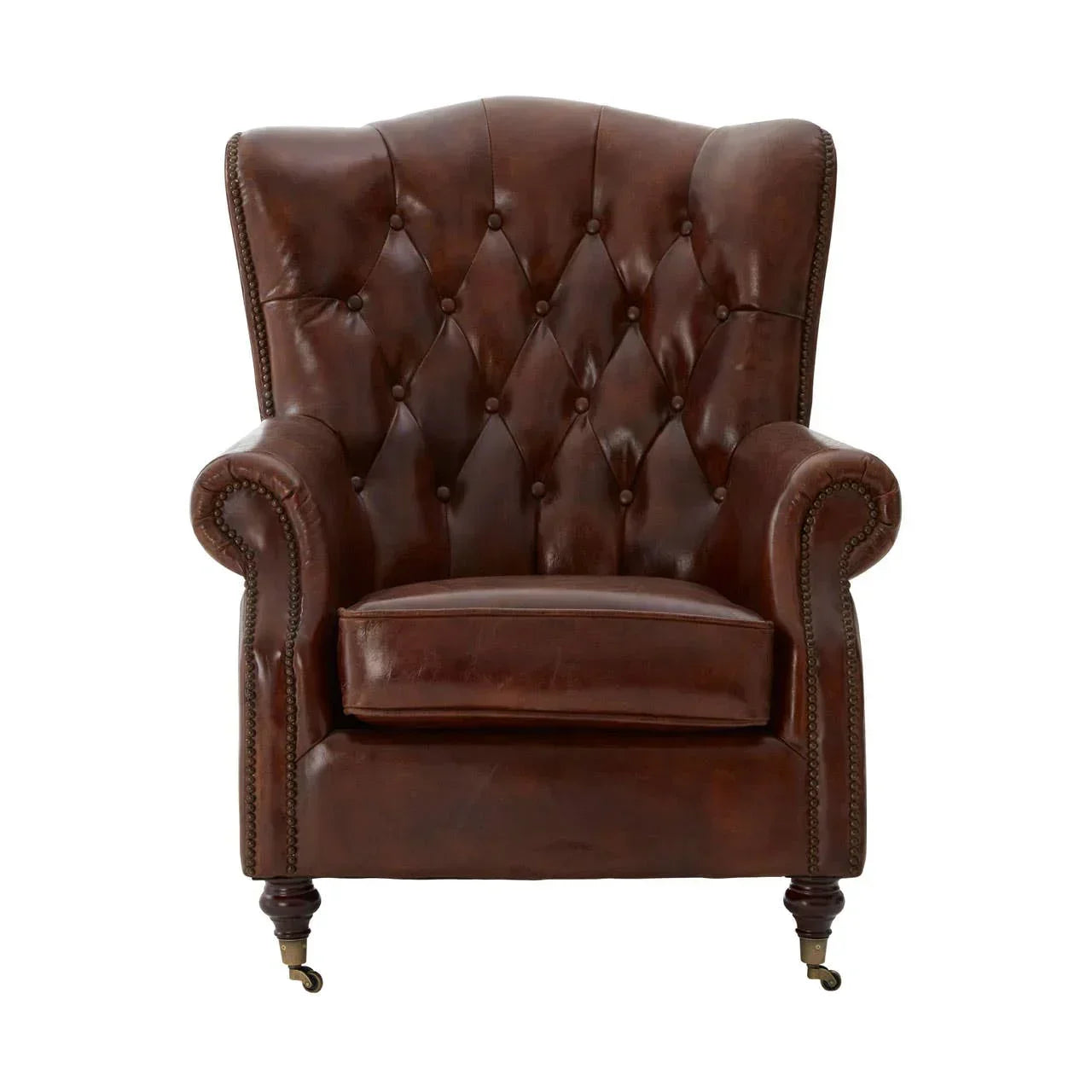 Brown leather armchair with button-tufted backrest and rolled arms on wooden legs