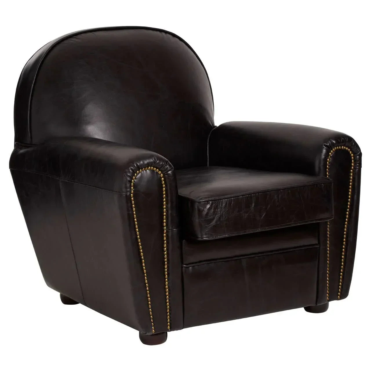 Dark brown leather armchair with brass stud detailing and wide cushioned seat