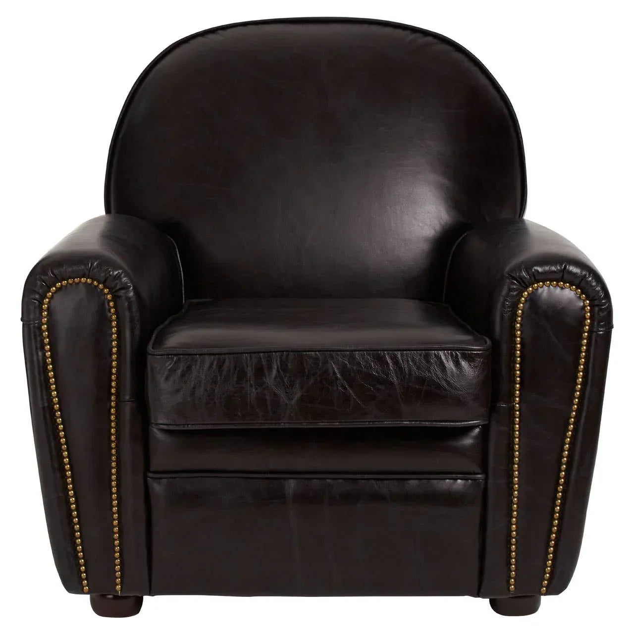 Dark brown leather armchair with brass stud detailing and curved backrest
